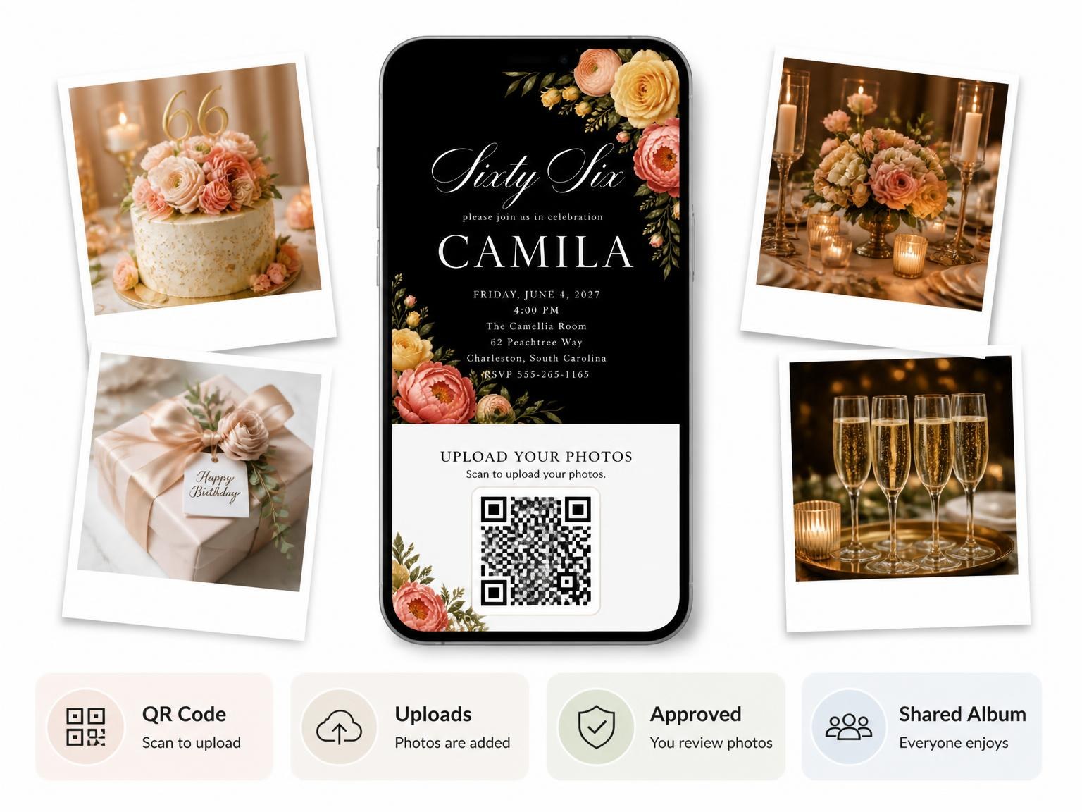 The shared photo gallery that comes with the Black Floral 66th Birthday Invitation invitation