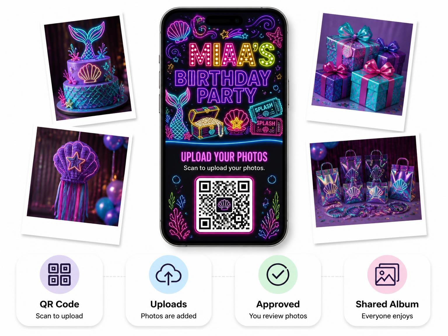 The shared photo gallery that comes with the Neon Mermaid 16th Birthday Invitation invitation