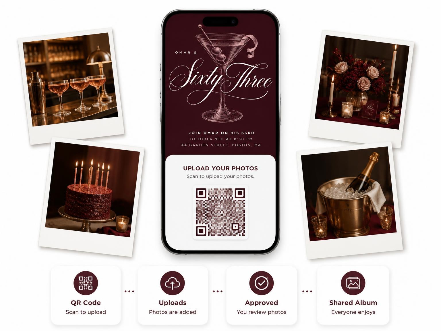 The shared photo gallery that comes with the Burgundy Cocktail 63rd Birthday Invitation invitation