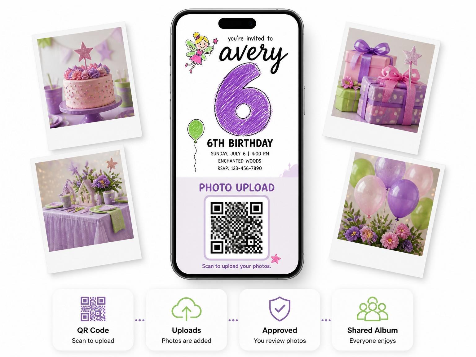 The shared photo gallery that comes with the Crayon Texture Fairy 6th Birthday invitation