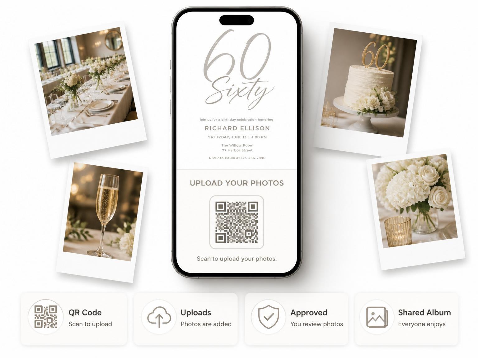 The shared photo gallery that comes with the Taupe Brush-Stroke 60th Birthday Invitation invitation