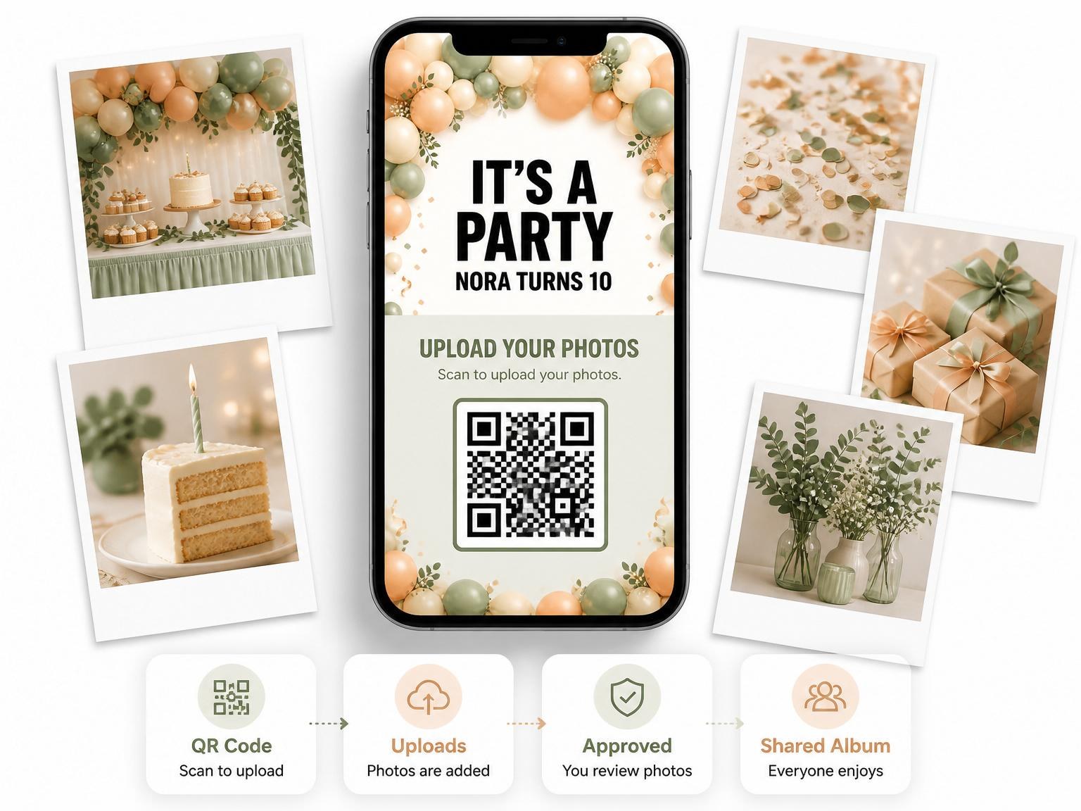 The shared photo gallery that comes with the Sage and Peach Balloon 10th Birthday invitation