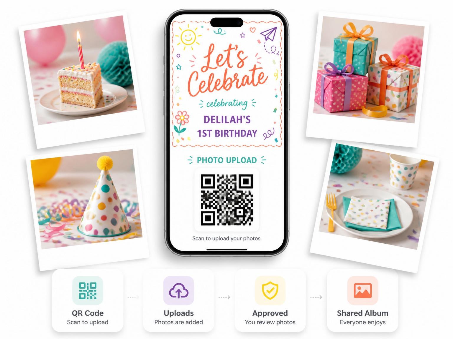 The shared photo gallery that comes with the Multicolor Doodle 1st Birthday Invitation invitation