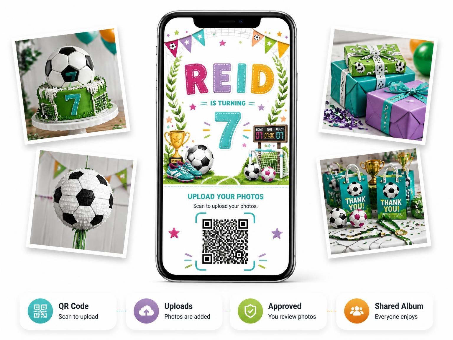 The shared photo gallery that comes with the Stitched Soccer 7th Birthday Invitation invitation
