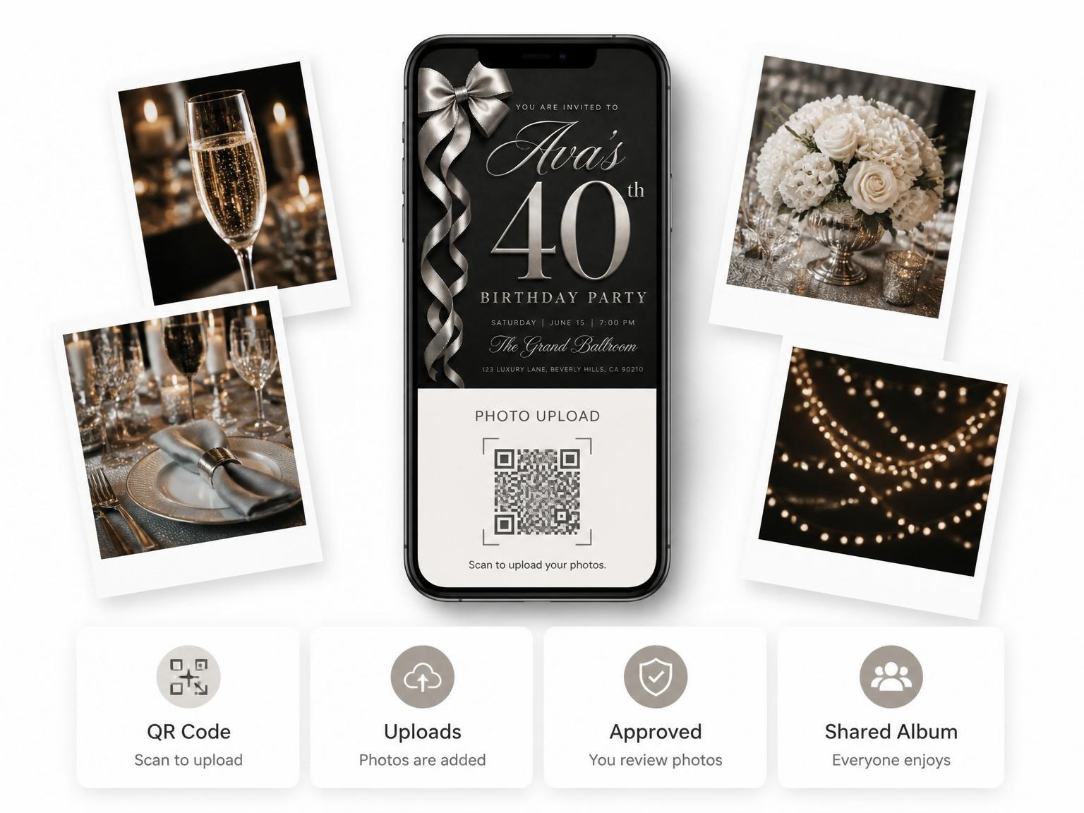 The shared photo gallery that comes with the Silver Ribbon Matte Black 40th Birthday invitation