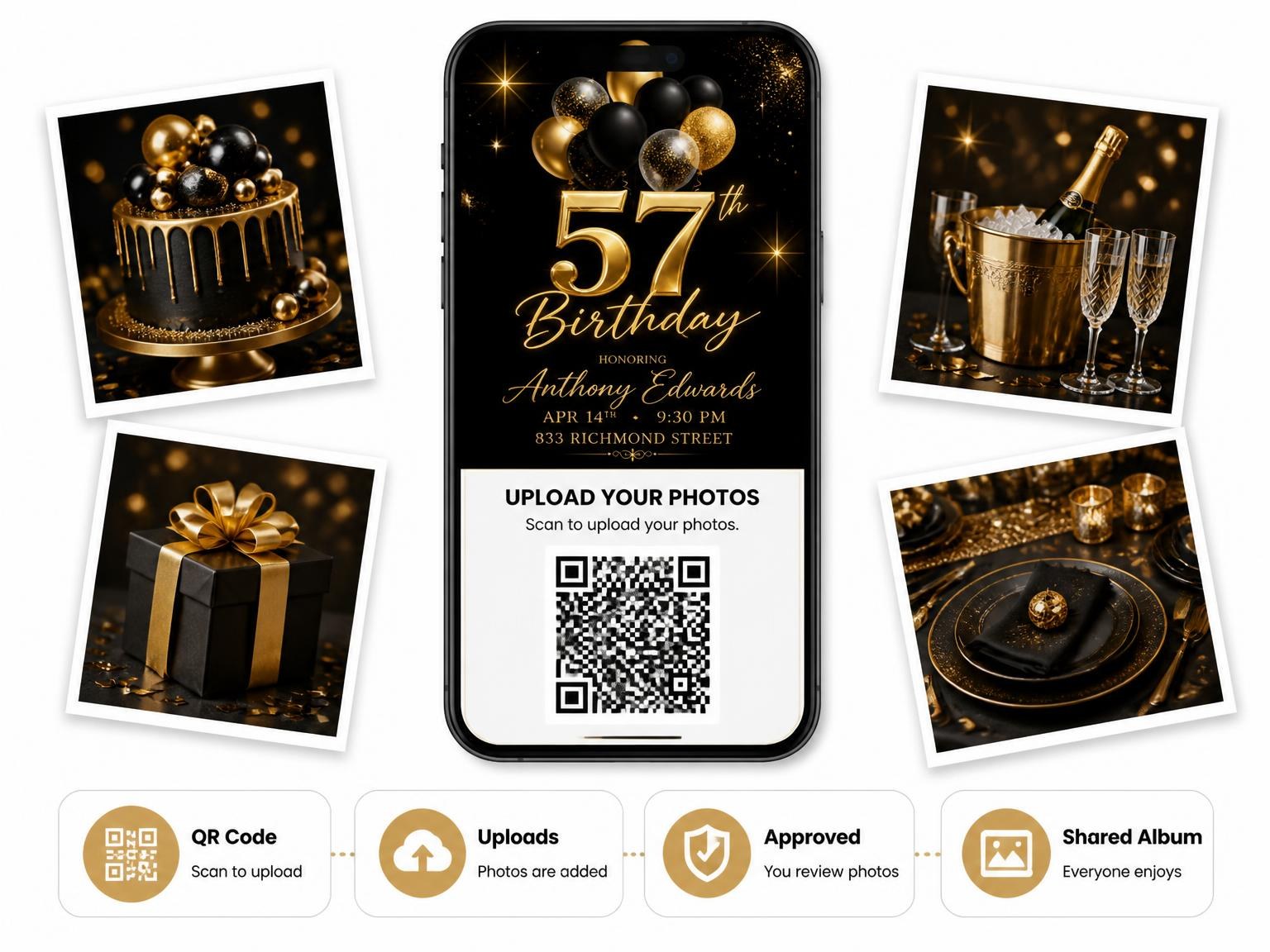 The shared photo gallery that comes with the Black and Gold Balloon 57th Birthday invitation