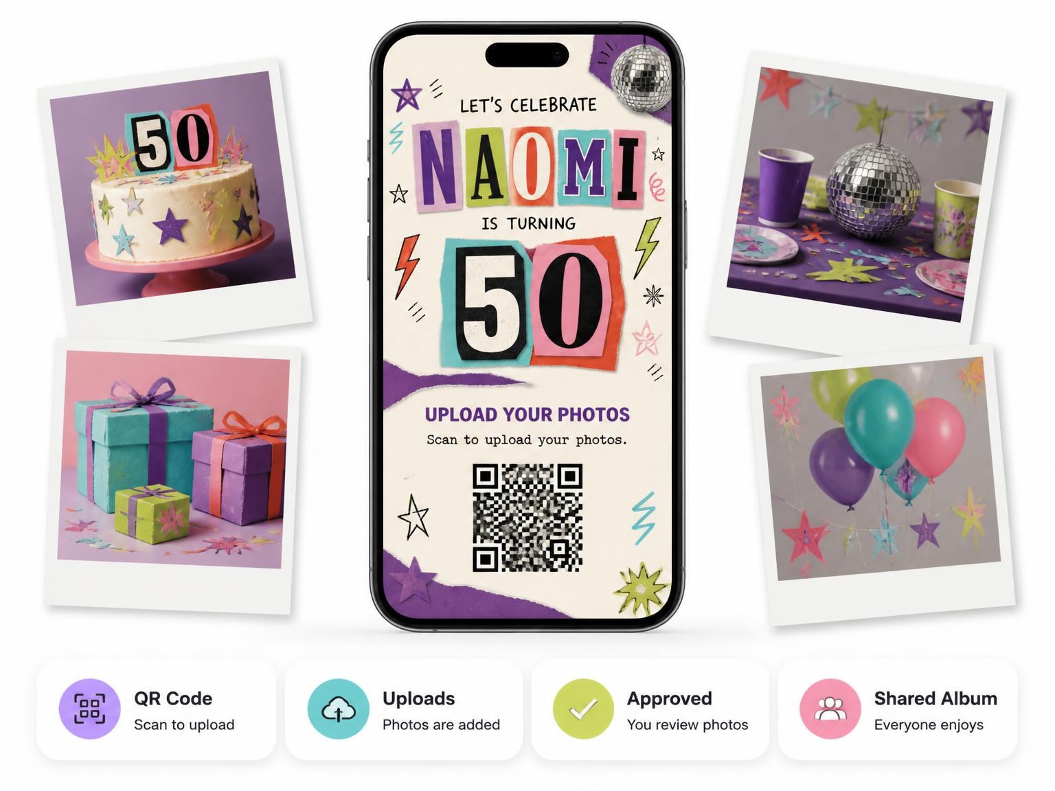 The shared photo gallery that comes with the Retro Paper Collage 50th Birthday Invitation invitation