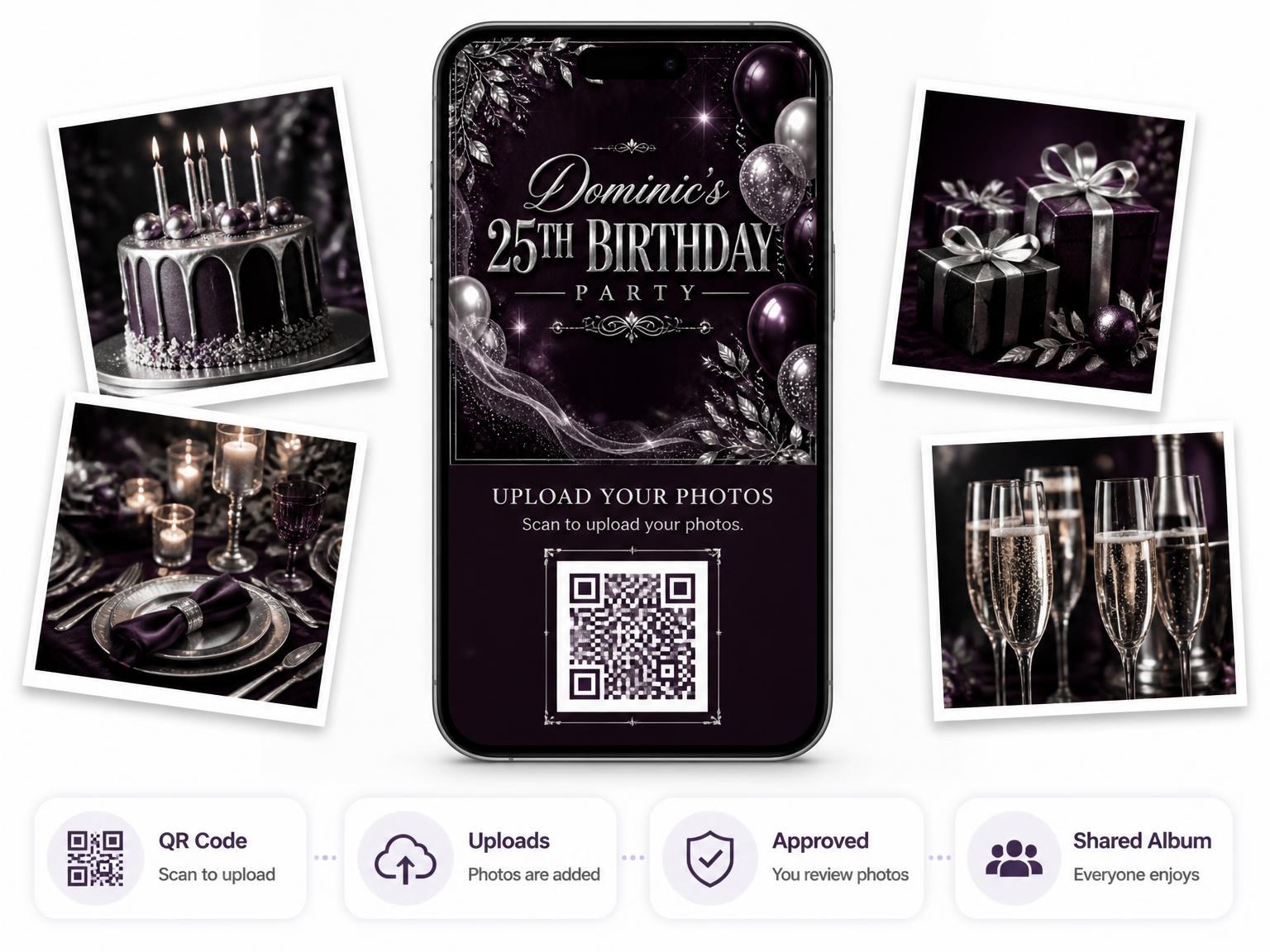 The shared photo gallery that comes with the Plum and Silver 25th Birthday Invitation invitation