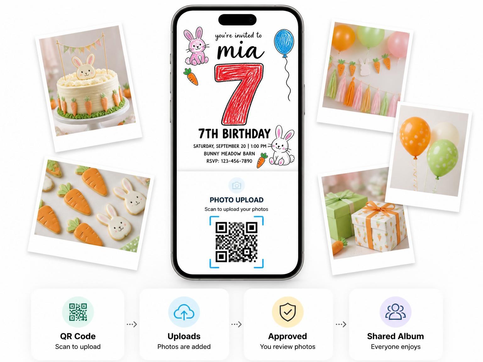 The shared photo gallery that comes with the Crayon Bunny and Carrot 7th Birthday invitation