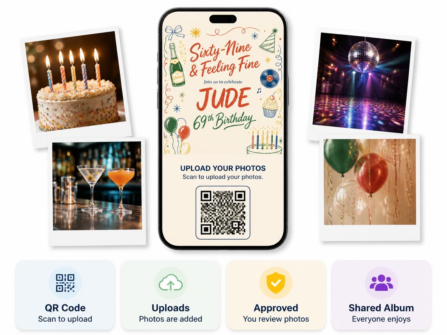 The shared photo gallery that comes with the Retro Doodle 69th Birthday Invitation invitation