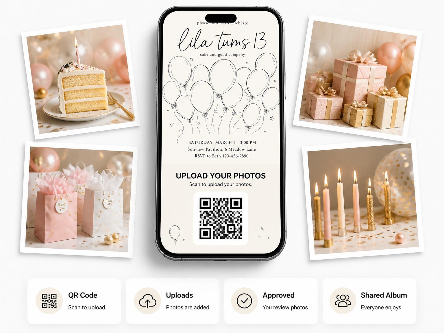 The shared photo gallery that comes with the Minimalist Black and Cream Balloon 13th Birthday invitation