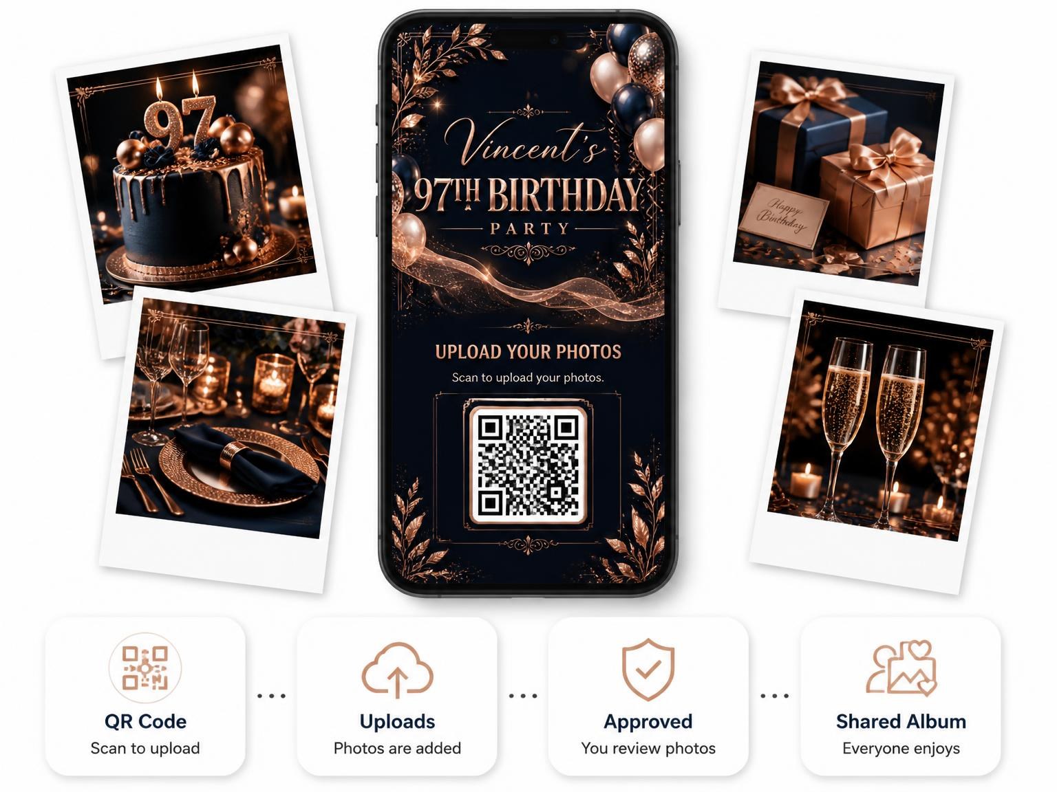 The shared photo gallery that comes with the Navy and Rose Gold 97th Birthday Invitation invitation