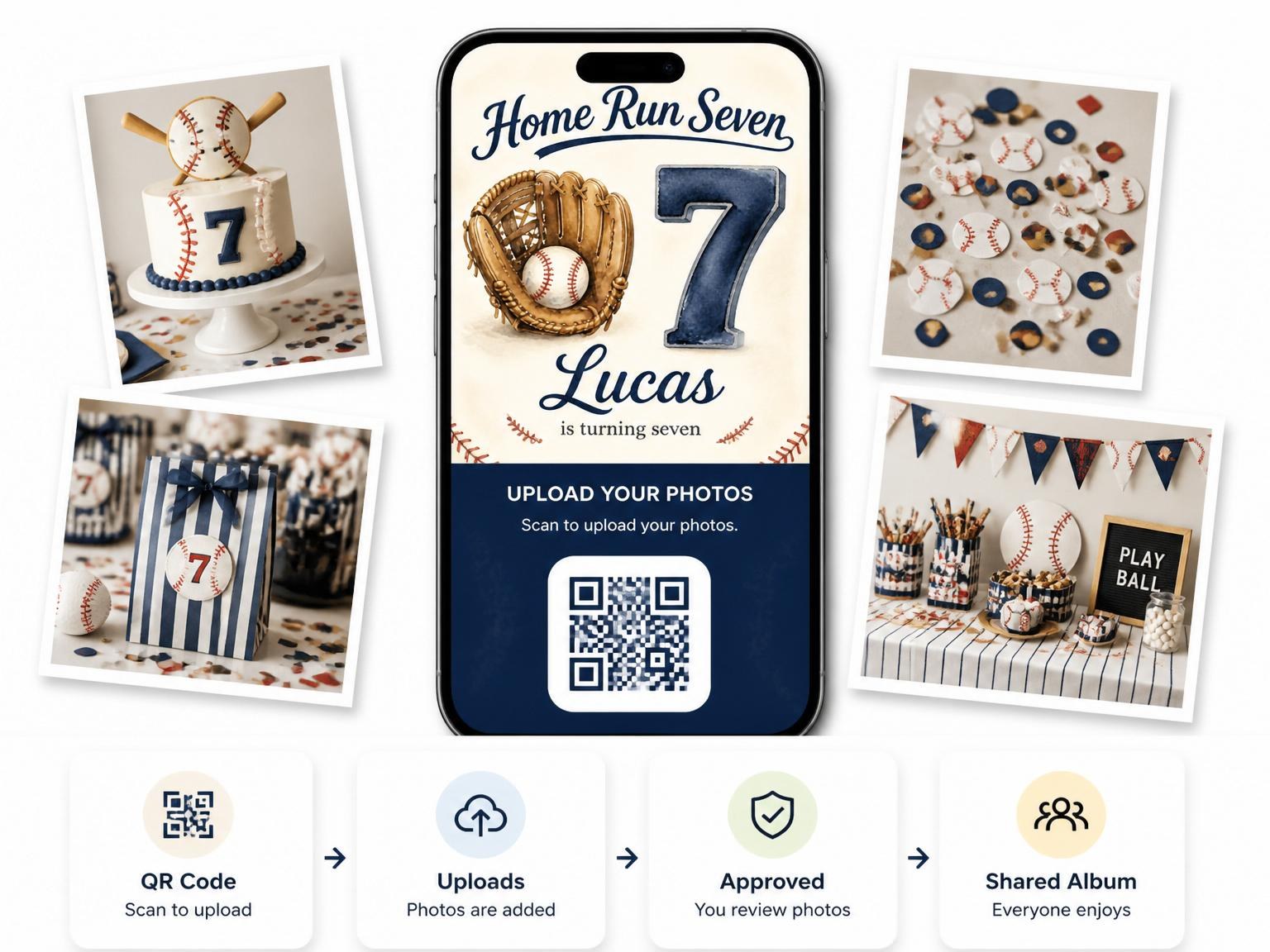 The shared photo gallery that comes with the Watercolor Baseball Glove 7th Birthday invitation