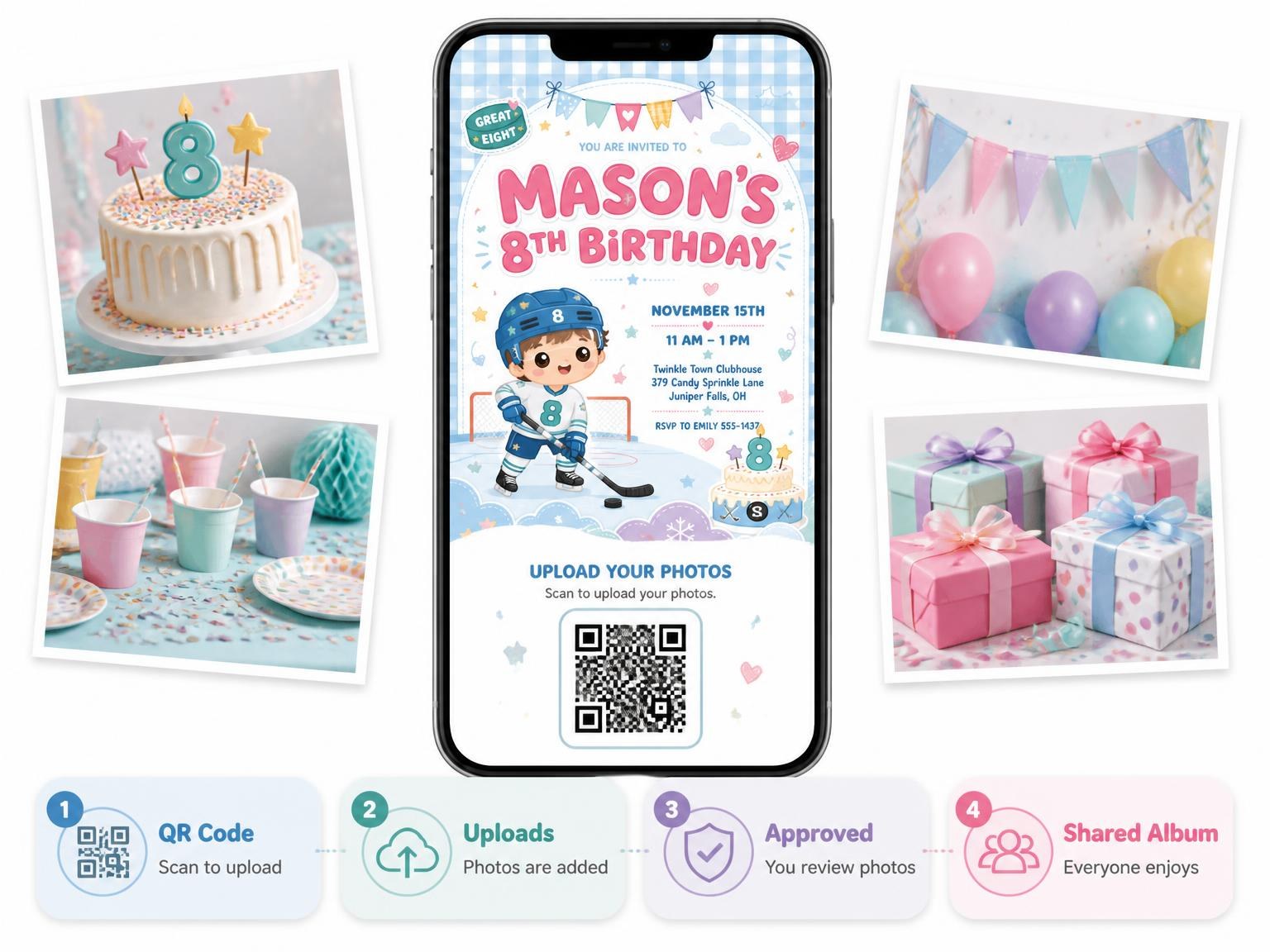 The shared photo gallery that comes with the Pastel Hockey 8th Birthday Invitation invitation