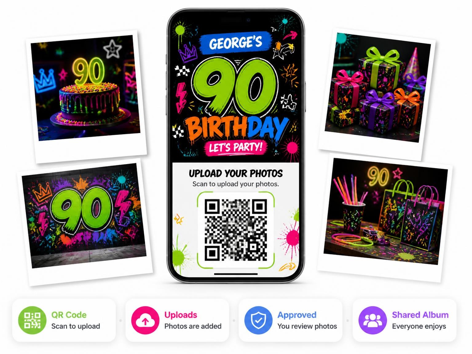 The shared photo gallery that comes with the Graffiti Street Art 90th Birthday Invitation invitation