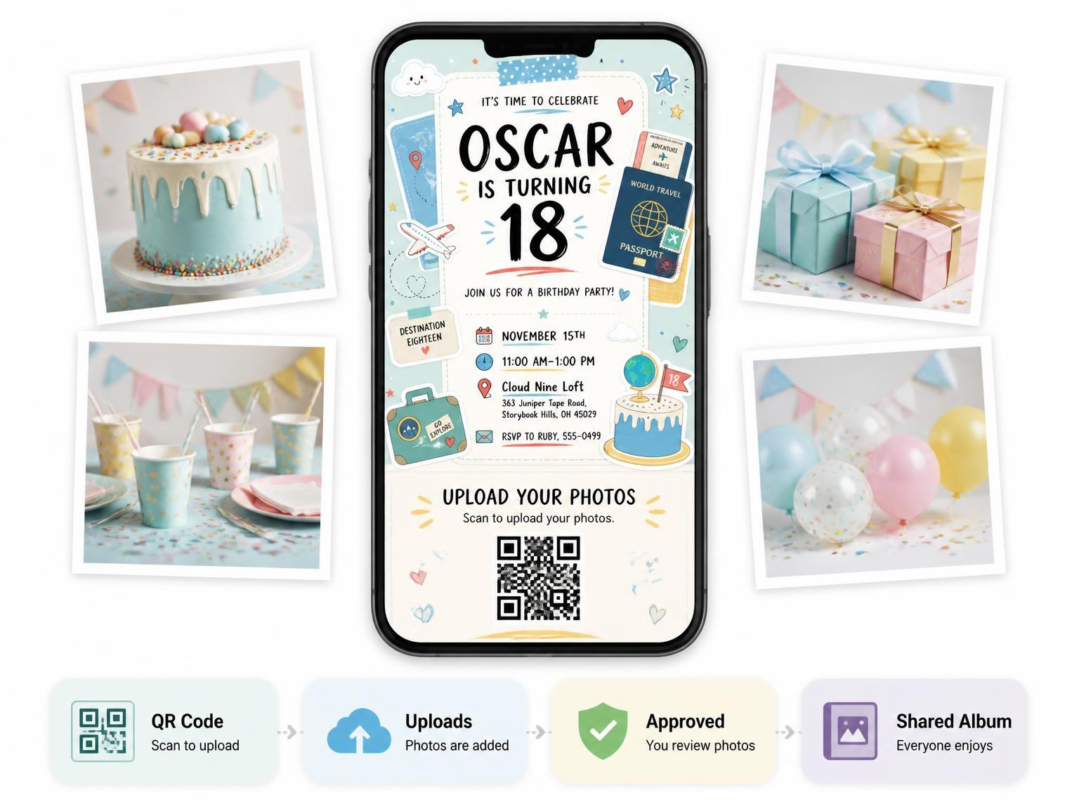The shared photo gallery that comes with the Boarding Pass Pastel 18th Birthday Invitation invitation