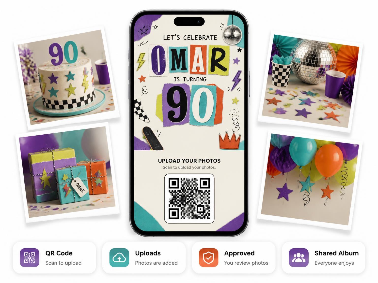 The shared photo gallery that comes with the Retro Paper Collage 90th Birthday Invitation invitation