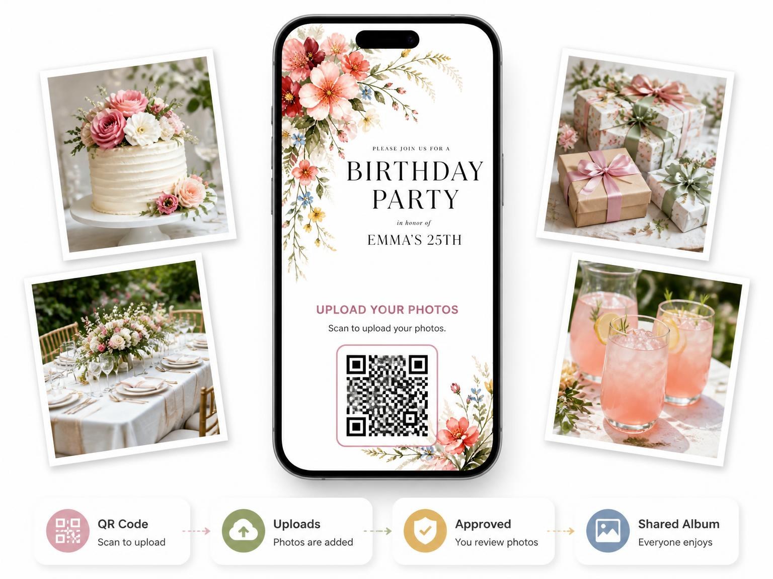 The shared photo gallery that comes with the Botanical Spray Golden 25th Birthday Invitation invitation