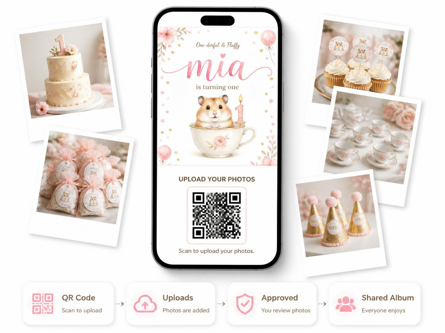 The shared photo gallery that comes with the Watercolor Teacup Hamster First Birthday invitation