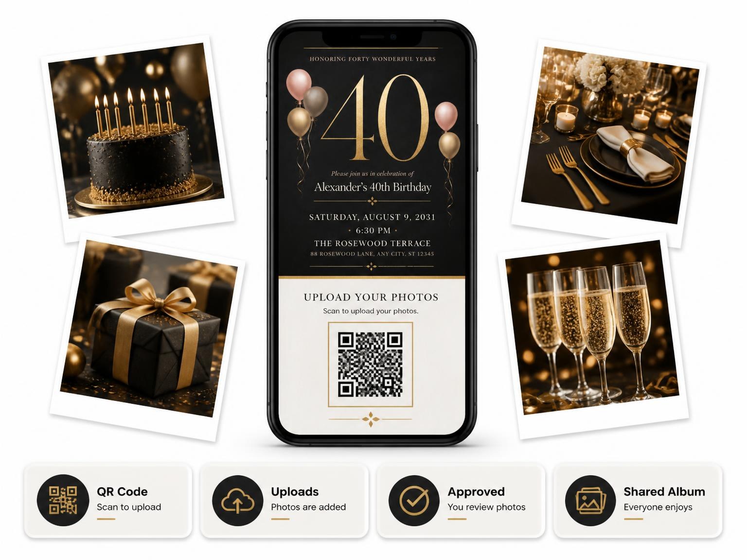 The shared photo gallery that comes with the Charcoal and Blush 40th Birthday Invitation invitation