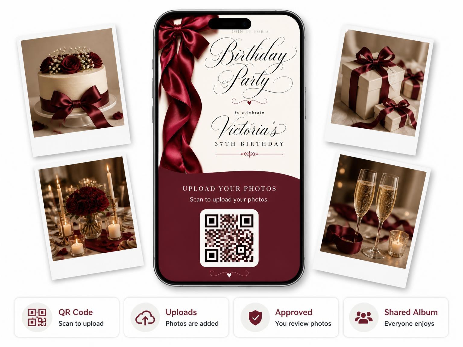 The shared photo gallery that comes with the Burgundy Satin Bow 37th Birthday Invitation invitation