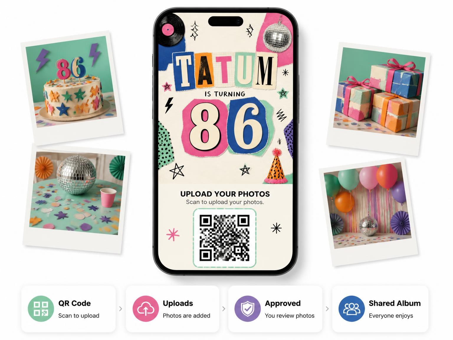 The shared photo gallery that comes with the Retro Paper Collage 86th Birthday Invitation invitation