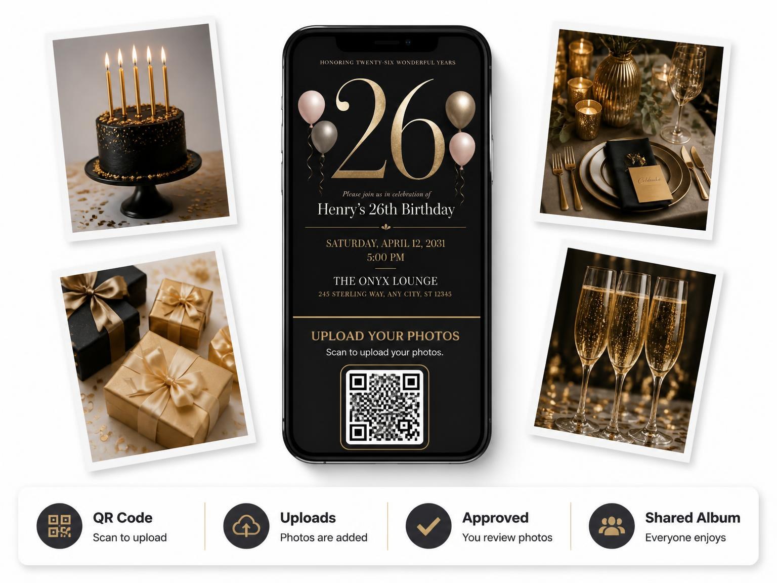 The shared photo gallery that comes with the Charcoal and Blush 26th Birthday Invitation invitation