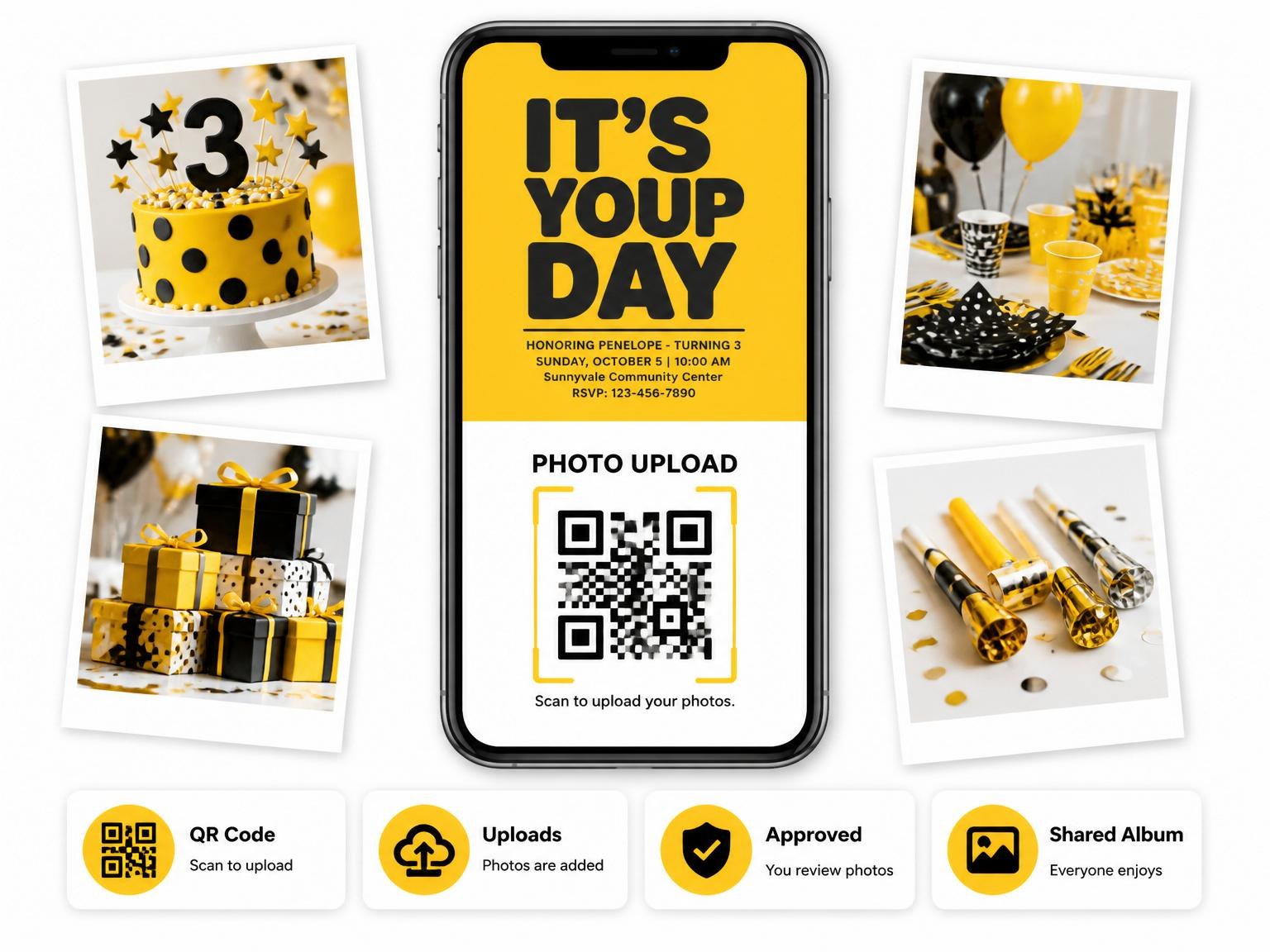The shared photo gallery that comes with the Yellow Black Bold Typography 3rd Birthday invitation