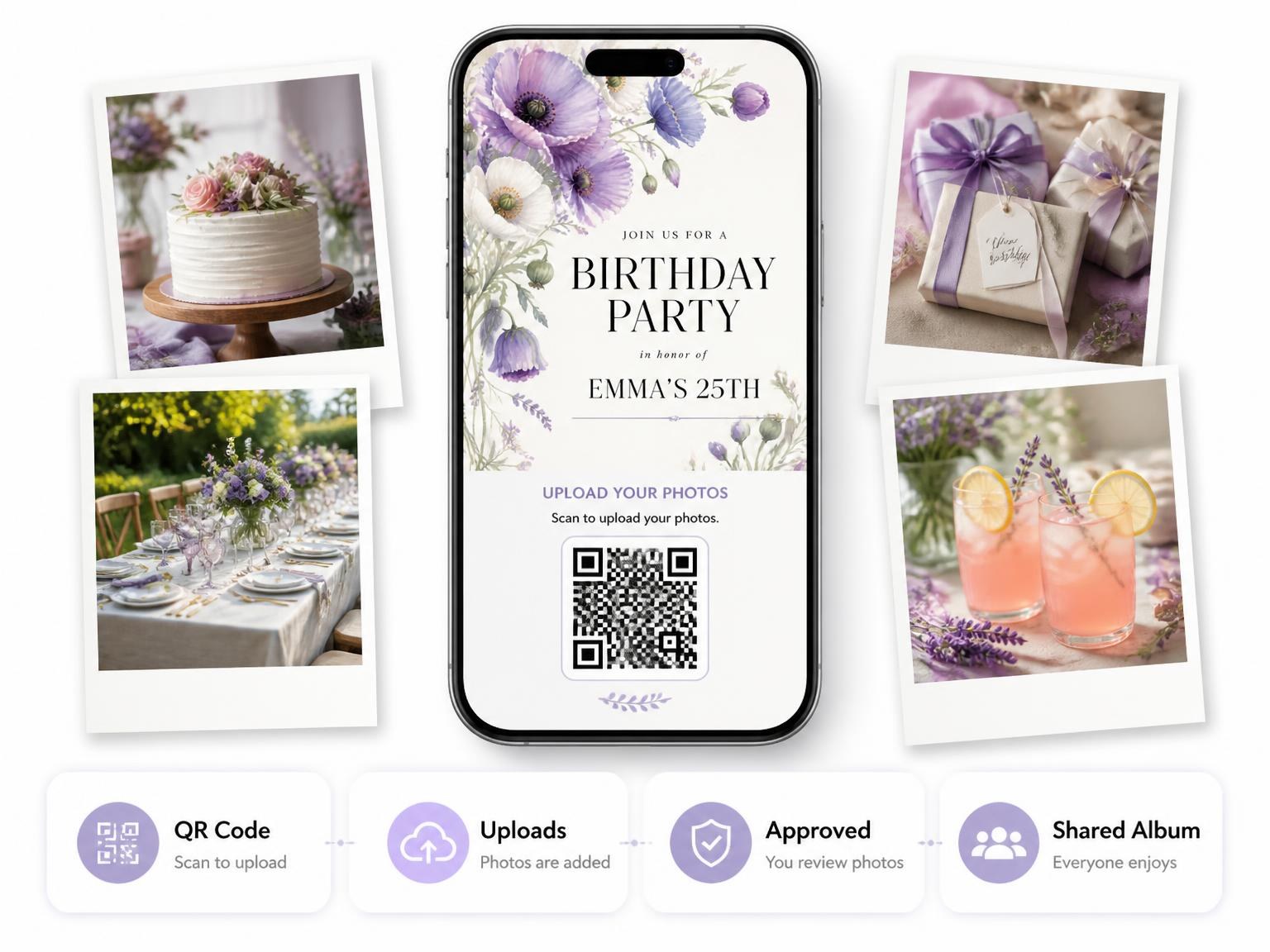The shared photo gallery that comes with the Lavender White Poppies 25th Birthday Invitation invitation