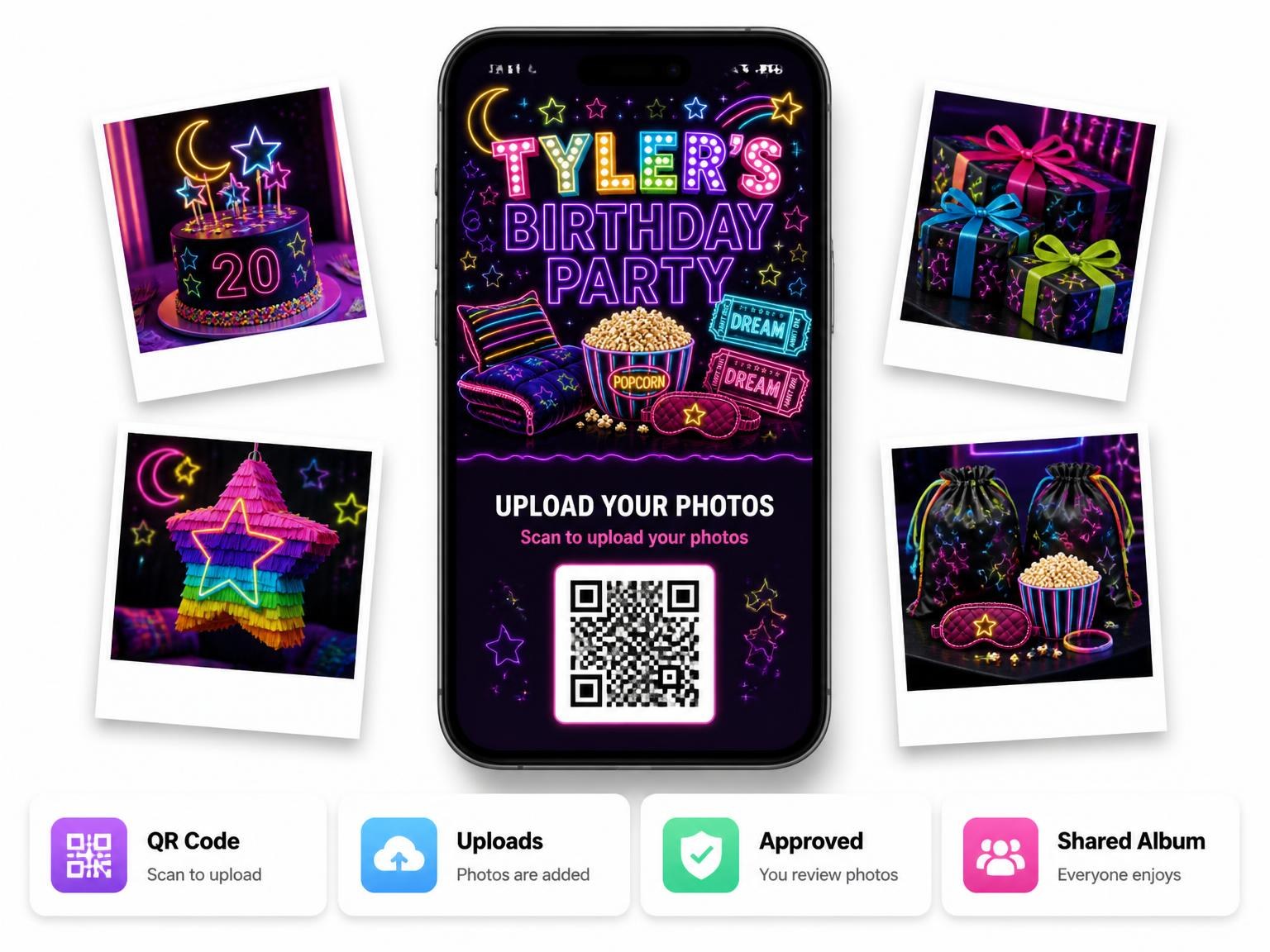 The shared photo gallery that comes with the Neon Pajama 20th Birthday Invitation invitation