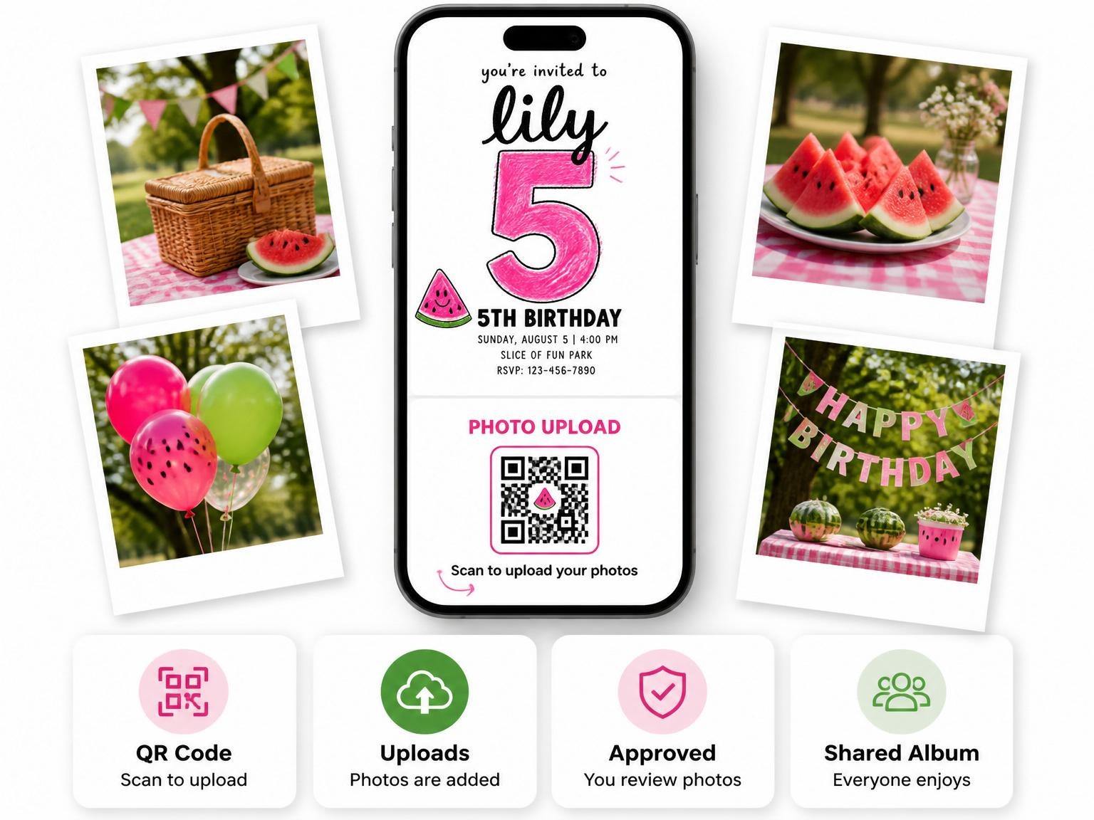 The shared photo gallery that comes with the Crayon Watermelon Picnic 5th Birthday invitation