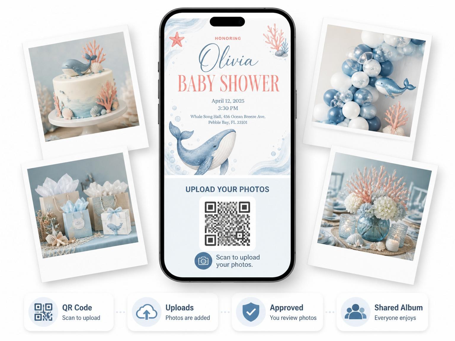 The shared photo gallery that comes with the Blue Watercolor Whale Baby Shower invitation