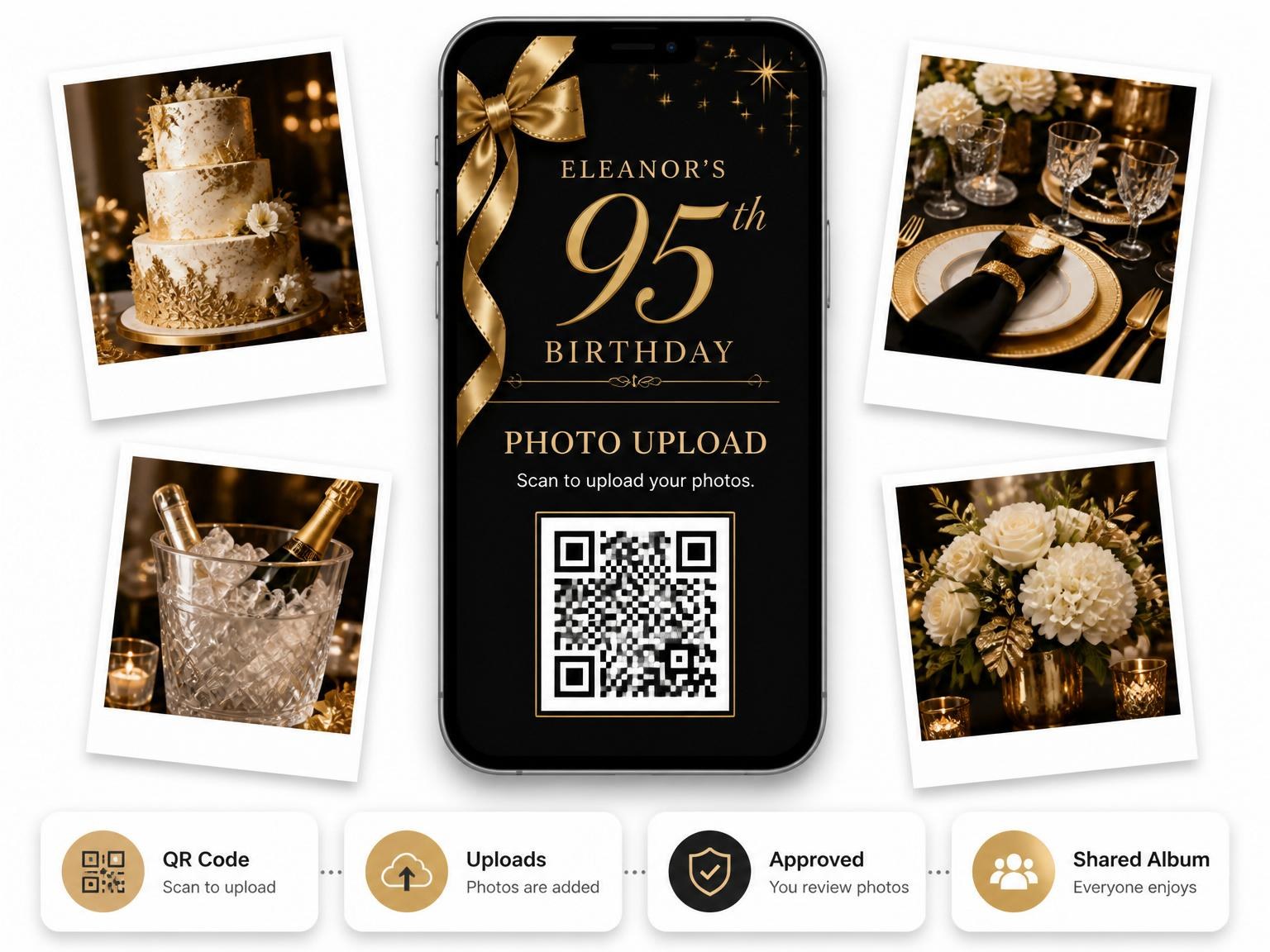 The shared photo gallery that comes with the Gold Ribbon Black 95th Birthday invitation