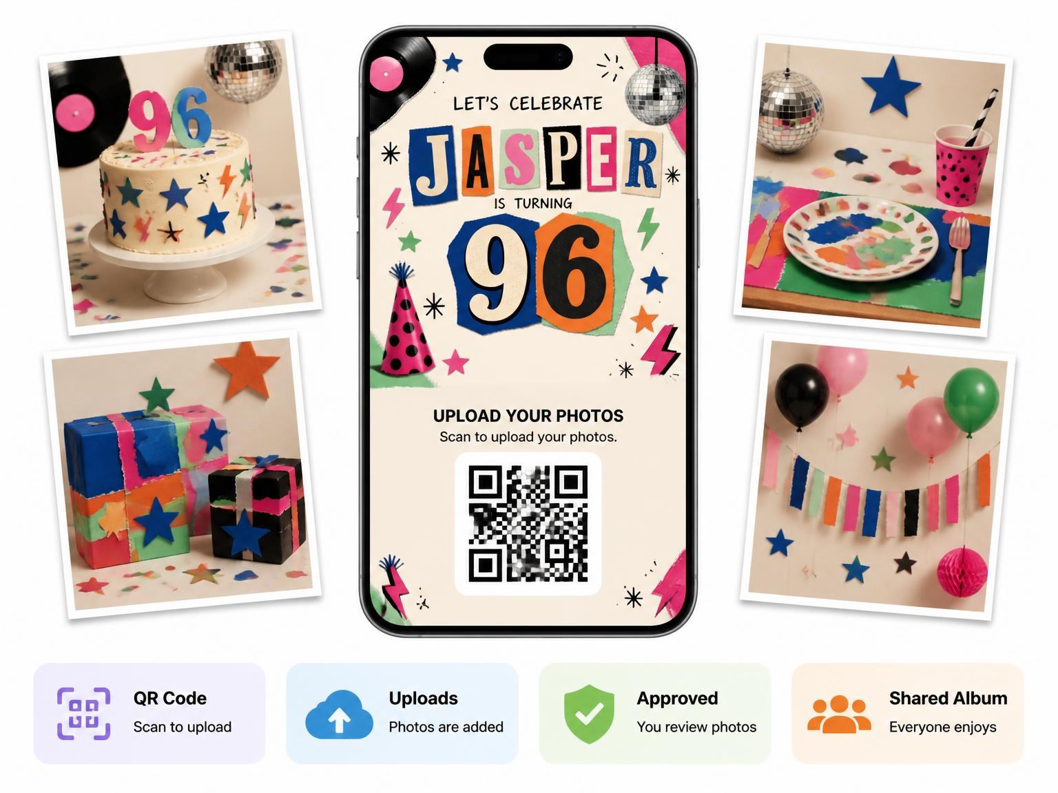 The shared photo gallery that comes with the Retro Paper Collage 96th Birthday Invitation invitation