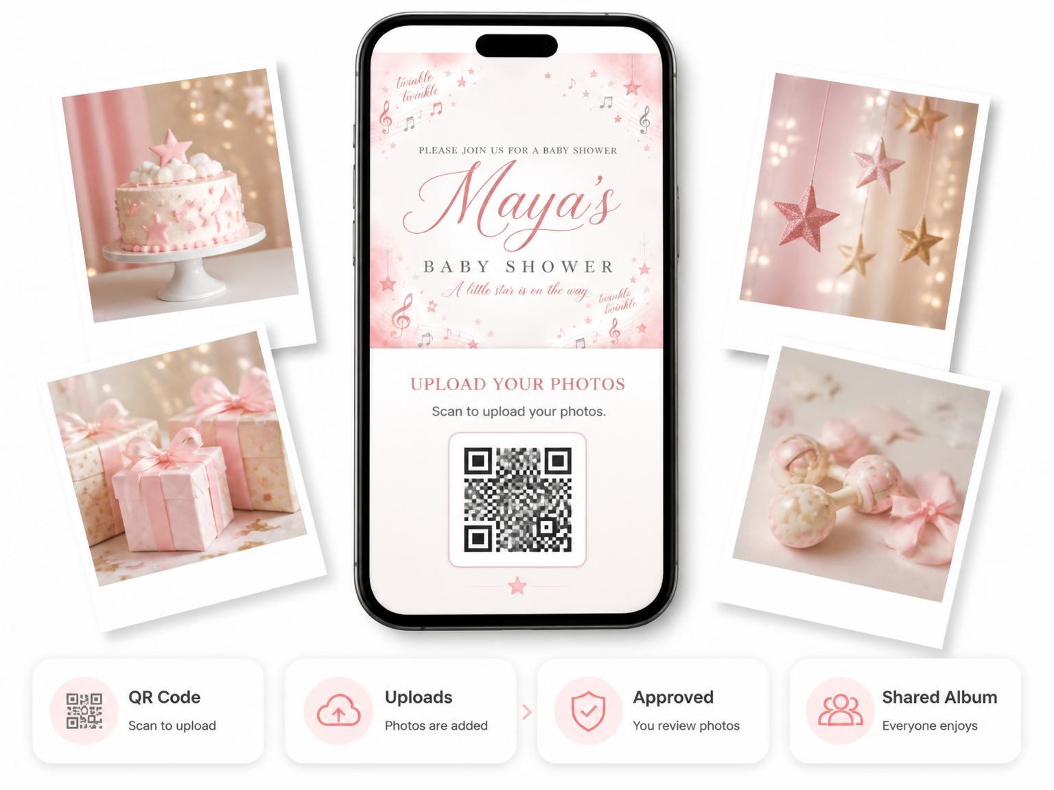 The shared photo gallery that comes with the Pink Watercolor Star Baby Shower invitation