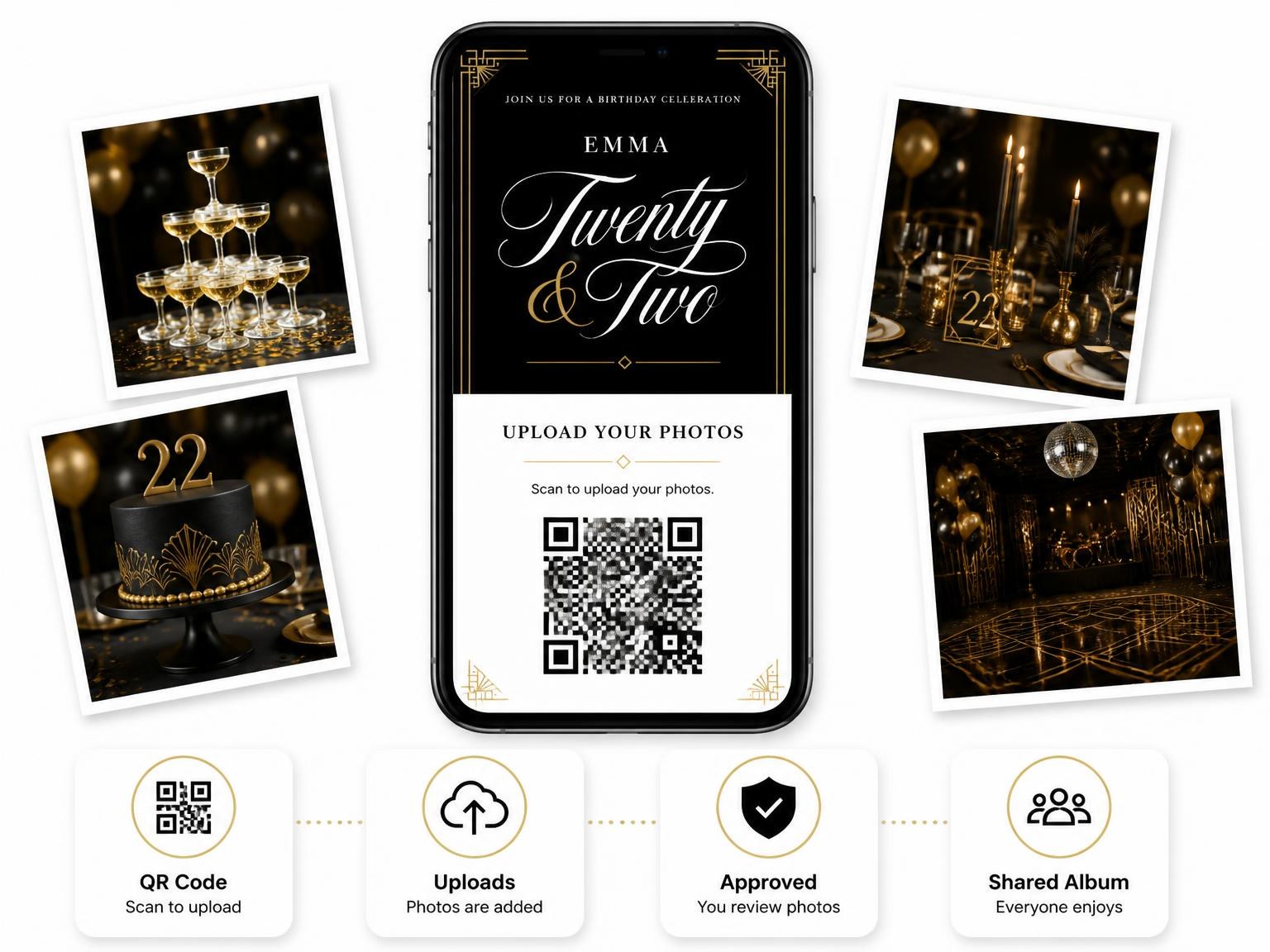 The shared photo gallery that comes with the Art Deco 22nd Birthday Invitation invitation