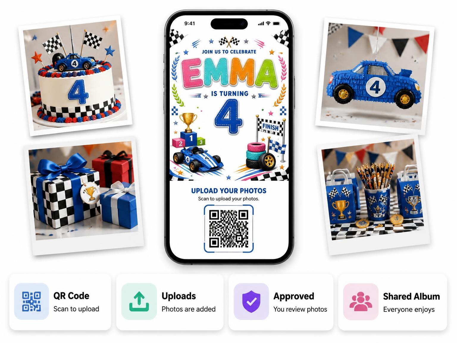 The shared photo gallery that comes with the Stitched Race Car 4th Birthday Invitation invitation