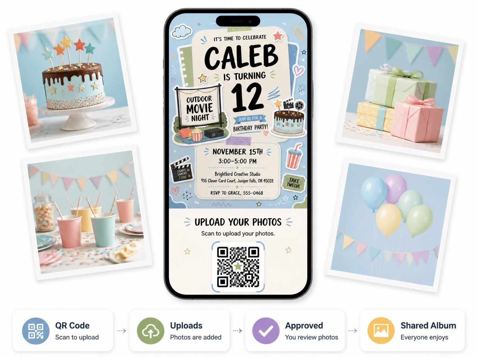 The shared photo gallery that comes with the Screen Setup Pastel 12th Birthday Invitation invitation