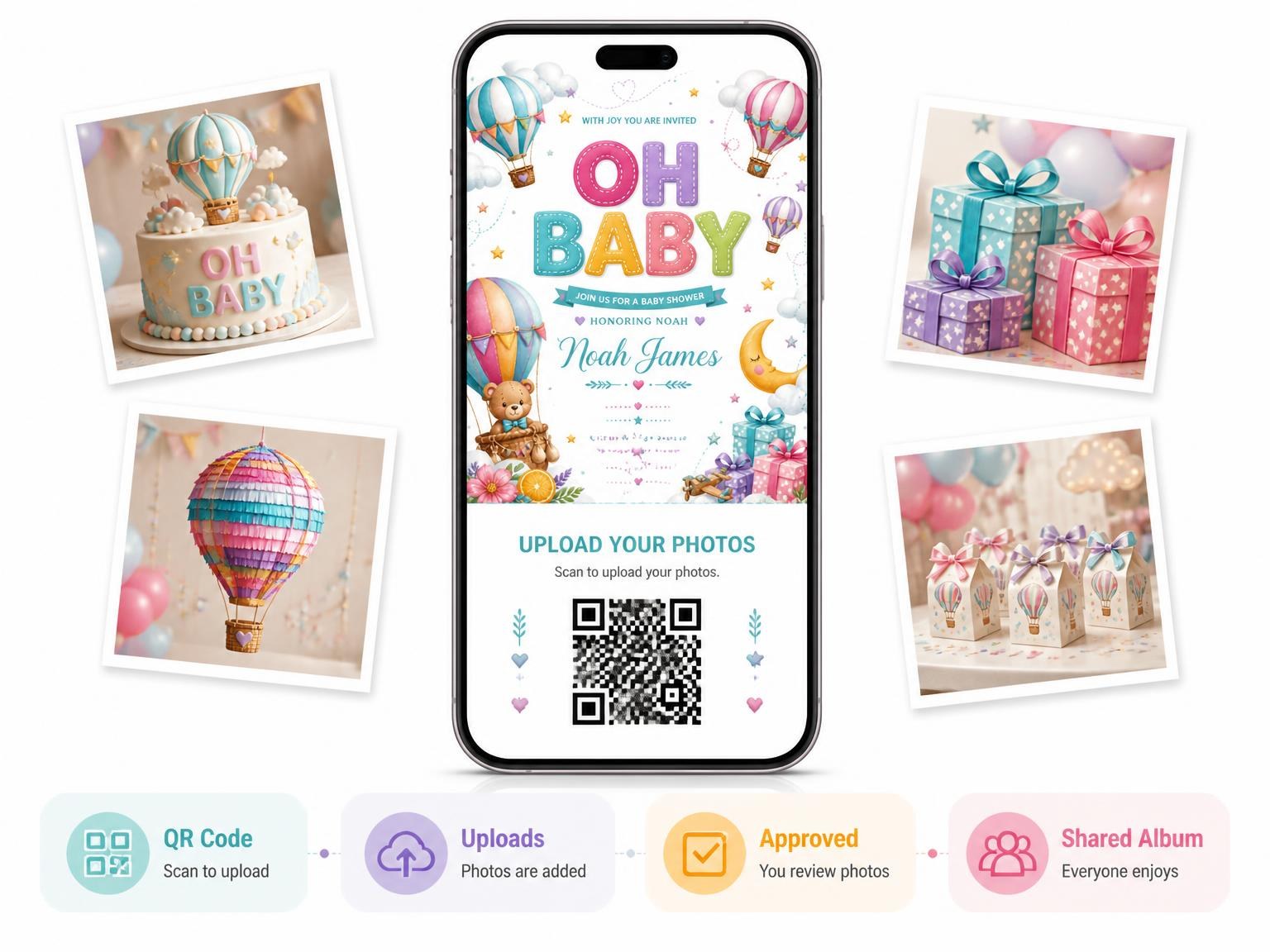 The shared photo gallery that comes with the Hot Air Balloons Baby Shower Invitation invitation