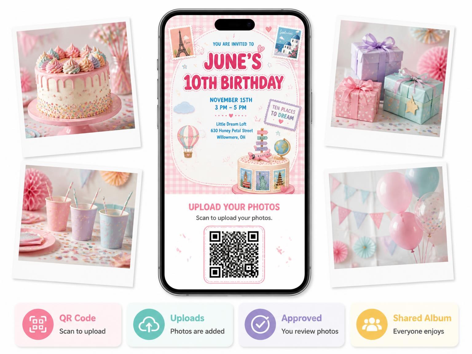 The shared photo gallery that comes with the Traveler Kawaii Pastel 10th Birthday Invitation invitation