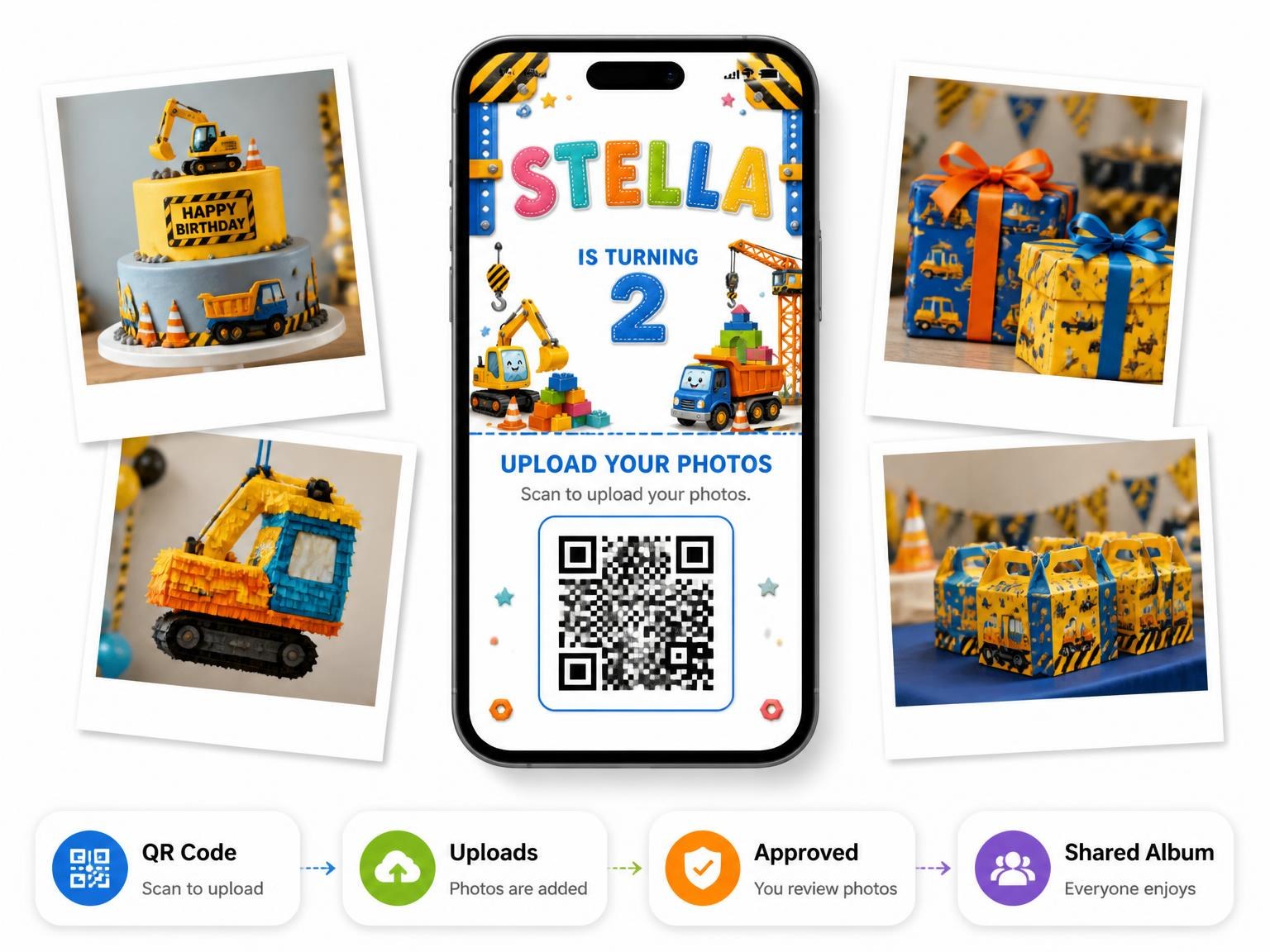 The shared photo gallery that comes with the Stitched Construction 2nd Birthday Invitation invitation