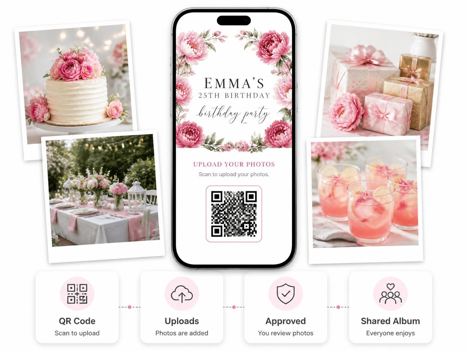 The shared photo gallery that comes with the Fuchsia Flower Wreath 25th Birthday Invitation invitation
