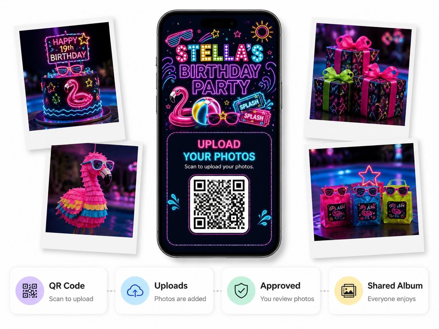 The shared photo gallery that comes with the Neon Pool Party 19th Birthday Invitation invitation