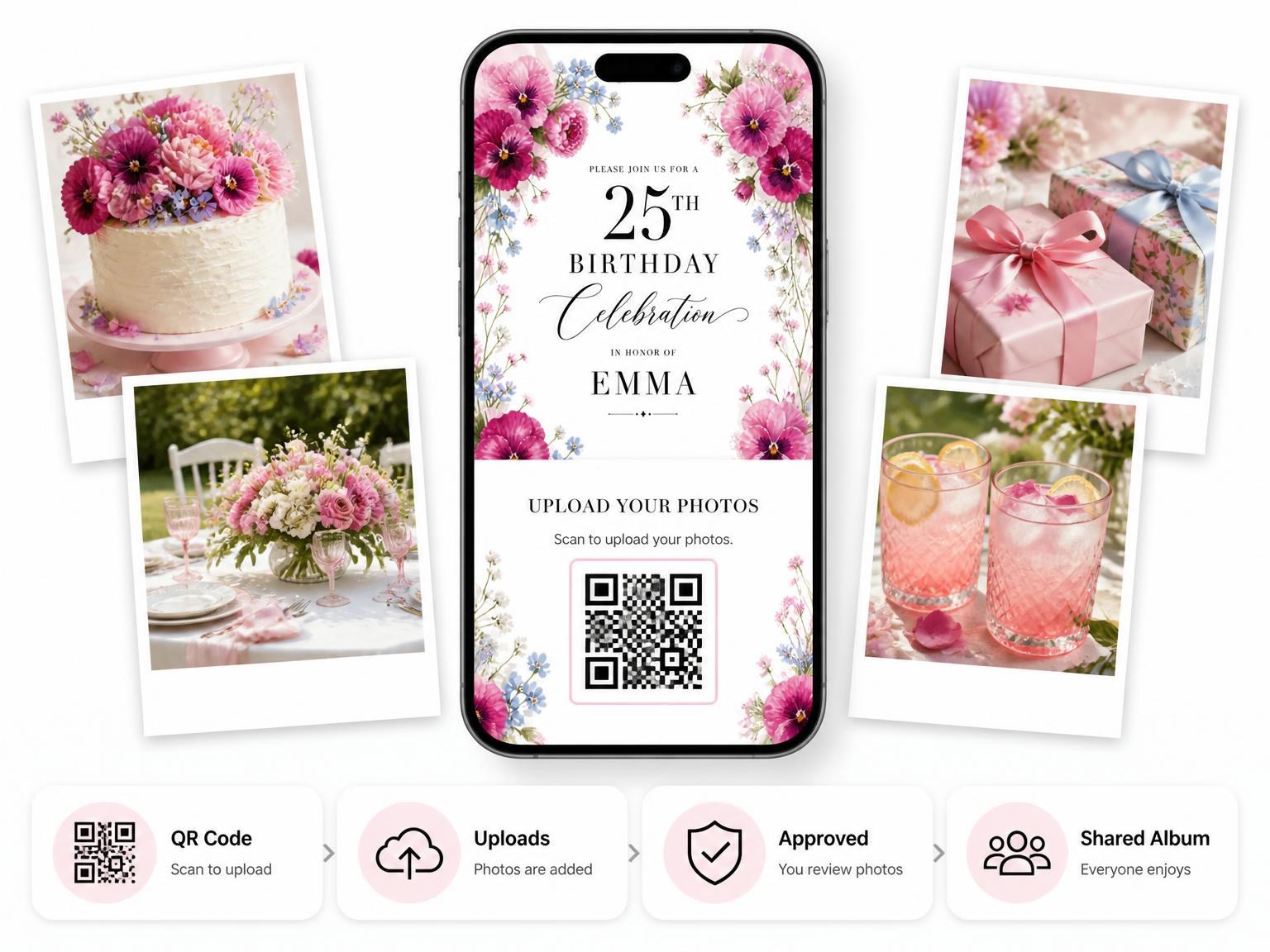 The shared photo gallery that comes with the Fuchsia Pansy and Forget-Me-Not 25th Birthday Invitation invitation