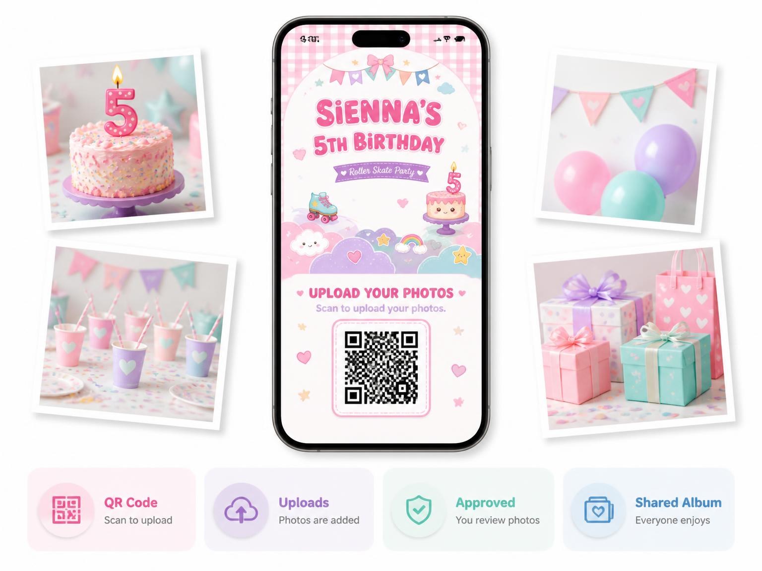 The shared photo gallery that comes with the Pastel Roller Skate 5th Birthday Invitation invitation