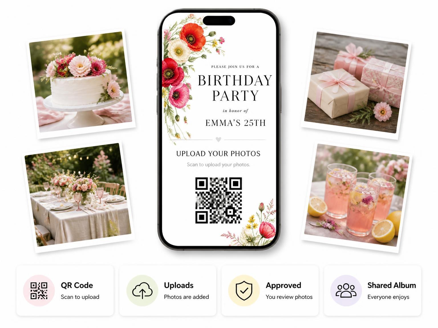 The shared photo gallery that comes with the Poppies Bouquet Scarlet 25th Birthday Invitation invitation