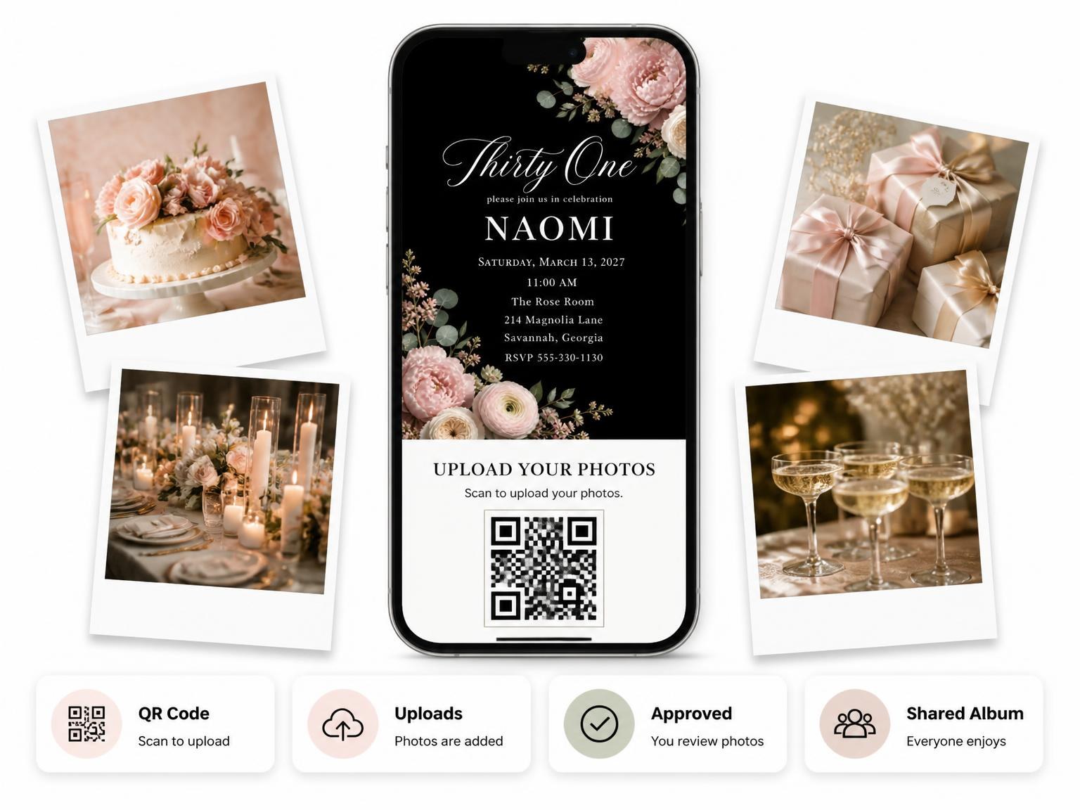 The shared photo gallery that comes with the Black Floral 31st Birthday Invitation invitation