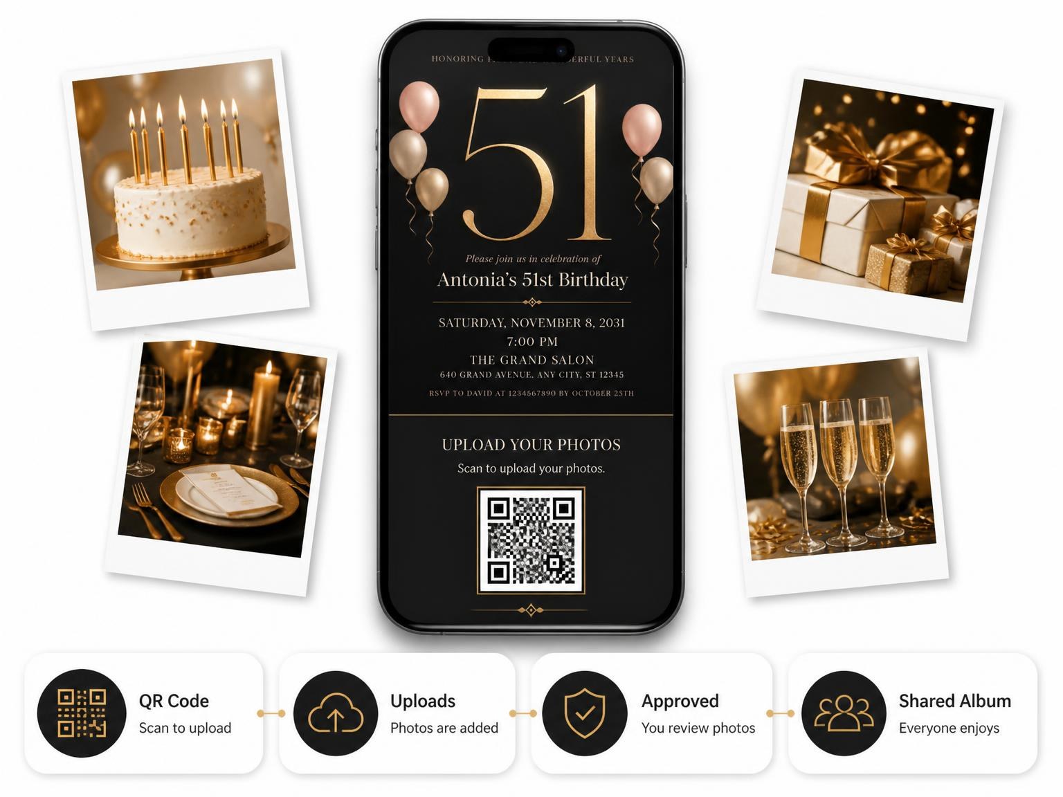 The shared photo gallery that comes with the Charcoal and Blush 51st Birthday Invitation invitation