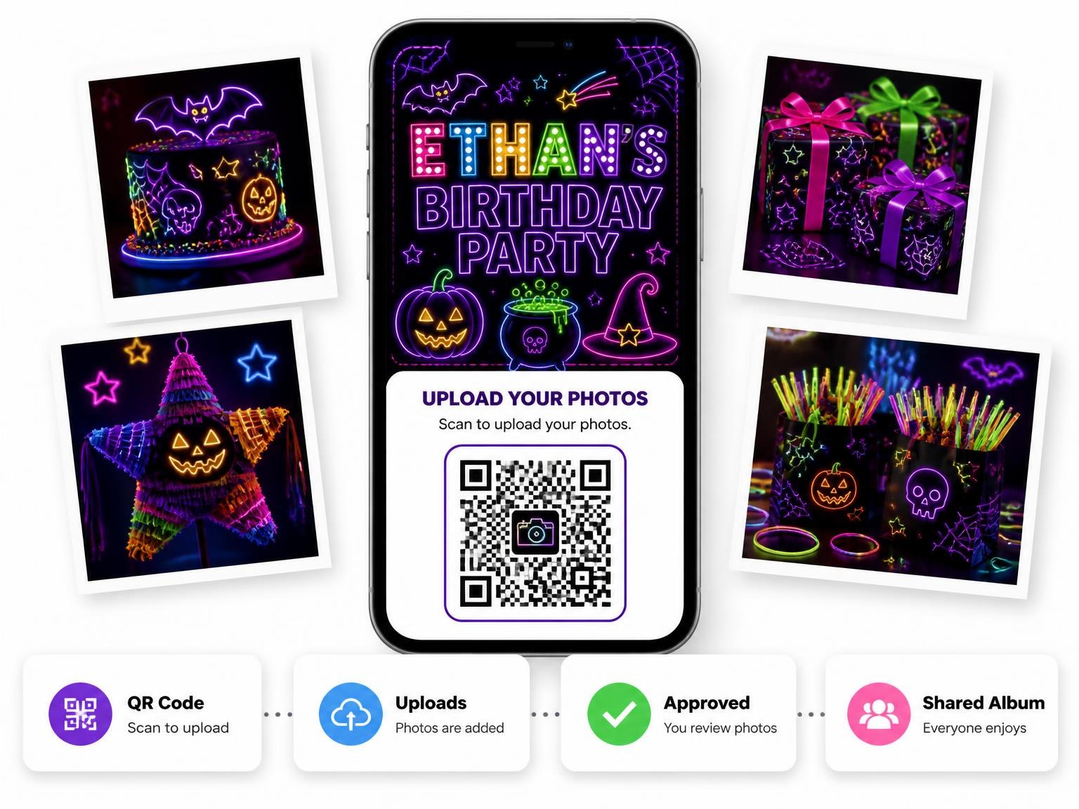 The shared photo gallery that comes with the Neon Halloween Glow 11th Birthday Invitation invitation