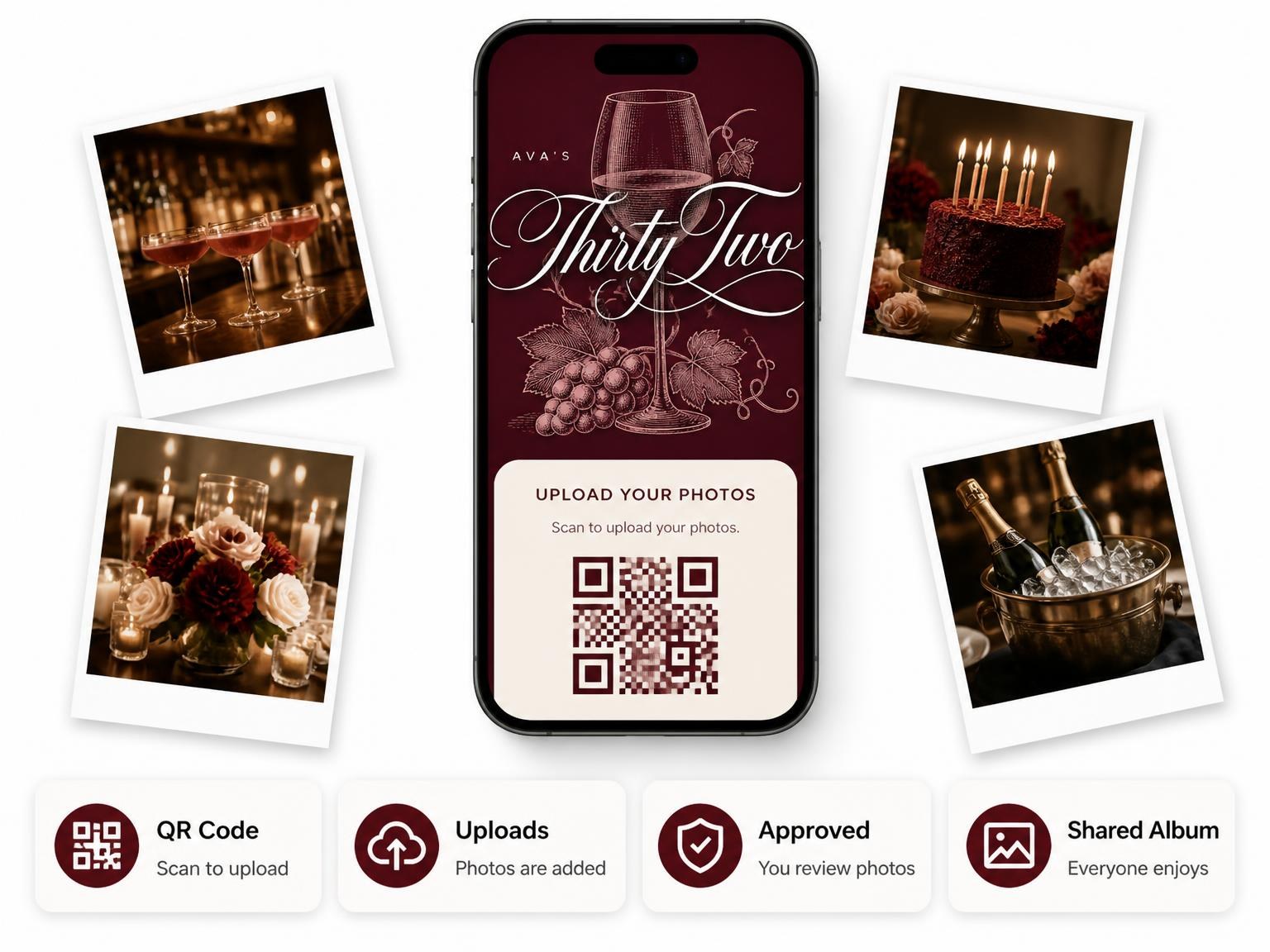 The shared photo gallery that comes with the Burgundy Cocktail 32nd Birthday Invitation invitation